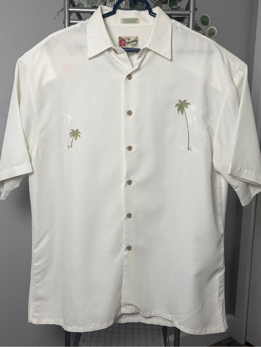 Vintage Hawaiian Shirt Embroidered Palm Trees Men’s Size L White Rayon Blend